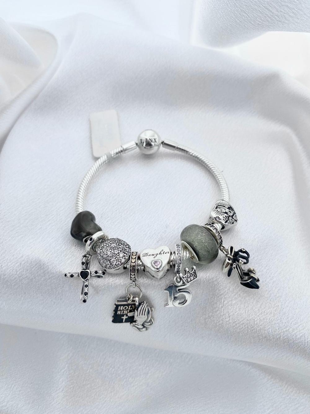 Linx Snake Chain Bracelet with Black Religious Quinceanera Themed Charms